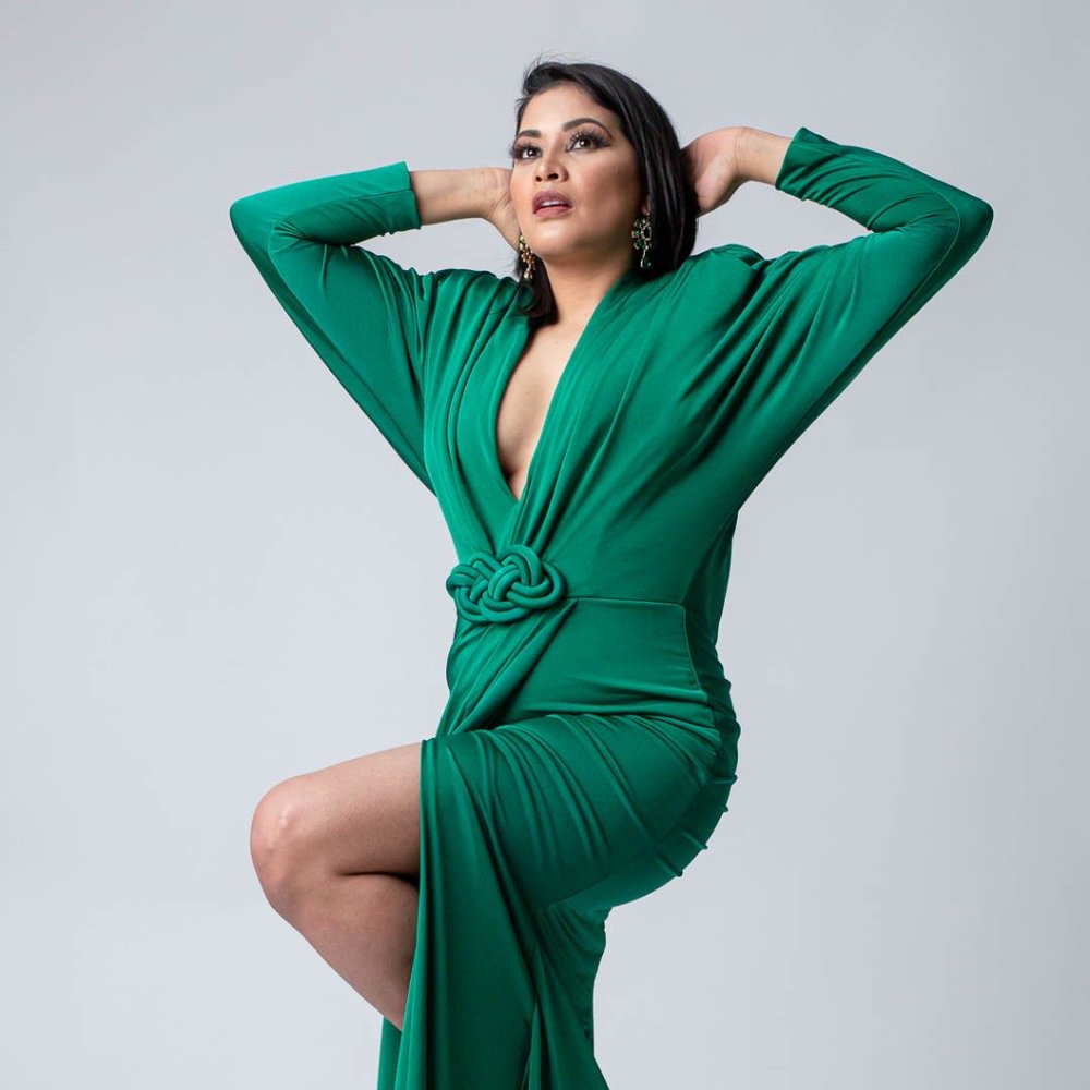 Crayola Green Long Dress with Long-Sleeves and a deep v-neck.